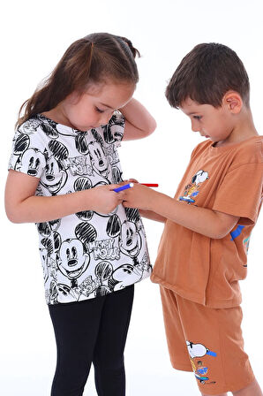 Summer Mickeyli Kız Çocuk T-shirt (BOYANABİLİR KALEMLERİ HEDİYE ! YIKAMA SONRASI LEKE BIRAKMAZ)