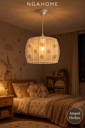 NGAHOME Krem Ponponlu Tül Avize 30 cm | Çocuk Odası & Bebek Odası Dekoratif Sarkıt Avize (E27 Duy)