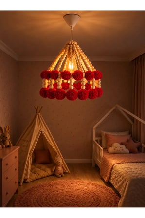 NGAHOME Doğal Ahşap Boncuk ve Ponponlu Çocuk Odası Sarkıt Avizesi 30x30 cm Ampul Hediyeli - Kırmızı