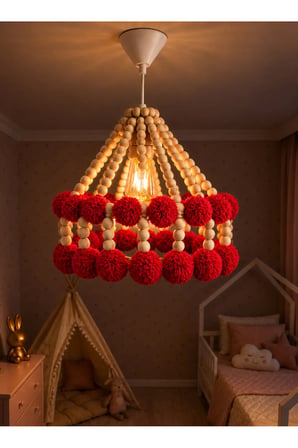 NGAHOME Doğal Ahşap Boncuk ve Ponponlu Çocuk Odası Sarkıt Avizesi 30x30 cm Ampul Hediyeli - Kırmızı