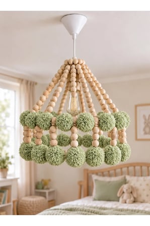 NGAHOME Doğal Ahşap Boncuk ve Ponponlu Çocuk Odası Sarkıt Avizesi 30x30 cm Ampul Hediyeli - Turkuaz