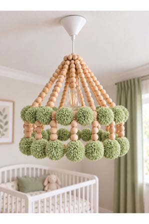 NGAHOME Doğal Ahşap Boncuk ve Ponponlu Çocuk Odası Sarkıt Avizesi 30x30 cm Ampul Hediyeli - Turkuaz