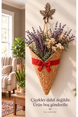 NGAHOME Fiyonk Detaylı Hasır Görünümlü Dekoratif Kapı ve Duvar Süsü Askılı Külah Sepet 20×30 cm - Kırmızı