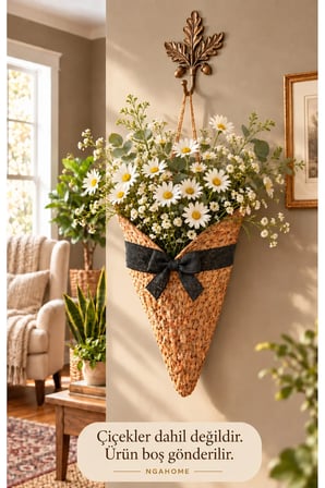 NGAHOME Fiyonk Detaylı Hasır Görünümlü Dekoratif Kapı ve Duvar Süsü Askılı Külah Sepet 20×30 cm - Siyah