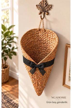 NGAHOME Fiyonk Detaylı Hasır Görünümlü Dekoratif Kapı ve Duvar Süsü Askılı Külah Sepet 20×30 cm - Siyah