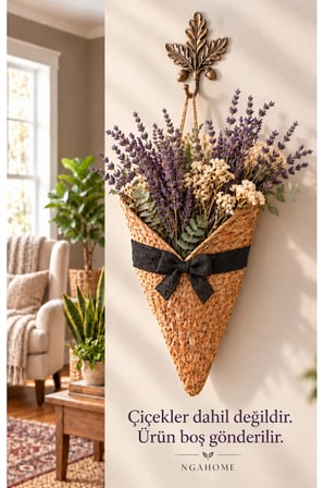 NGAHOME Fiyonk Detaylı Hasır Görünümlü Dekoratif Kapı ve Duvar Süsü Askılı Külah Sepet 20×30 cm - Siyah