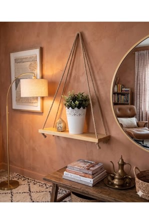 NGAHOME El Yapımı Ahşap Halat Asmalı Duvar Rafı - Mutfak, Salon, Çiçeklik Rafı 60 cm
