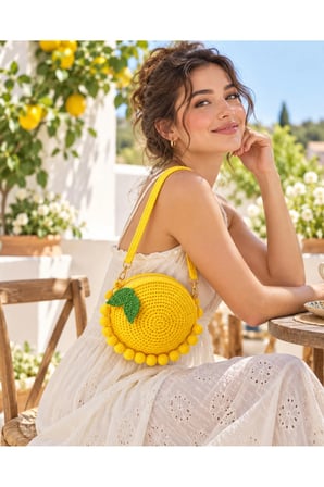 NGAHOME Limon Figürlü El Örmesi Kadın Çantası – %100 El Yapımı Yeşil Yaprak Detaylı Ponponlu Yuvarlak Örgü Omuz ve Çapraz Çanta