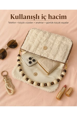 NGAHOME El Yapımı Peluş Kadın Çanta | Ahşap Boncuk Askılı | %100 El Yapımı | Şık Omuz & El Çantası