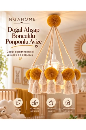 NGAHOME El Yapımı Bohem Ahşap Boncuk Avize – Hardal Sarı Ponponlu & Püsküllü Dekoratif Tavan Lambası