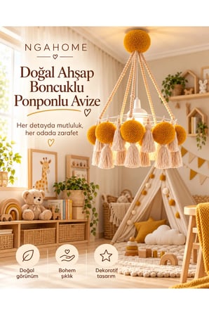 NGAHOME El Yapımı Bohem Ahşap Boncuk Avize – Hardal Sarı Ponponlu & Püsküllü Dekoratif Tavan Lambası