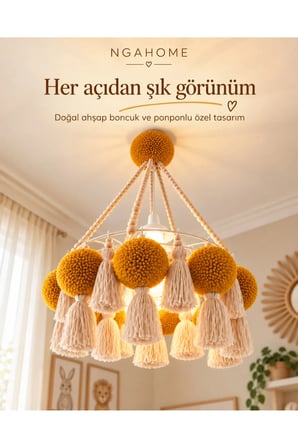 NGAHOME El Yapımı Bohem Ahşap Boncuk Avize – Hardal Sarı Ponponlu & Püsküllü Dekoratif Tavan Lambası