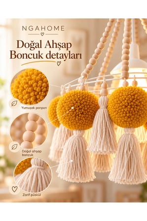 NGAHOME El Yapımı Bohem Ahşap Boncuk Avize – Hardal Sarı Ponponlu & Püsküllü Dekoratif Tavan Lambası