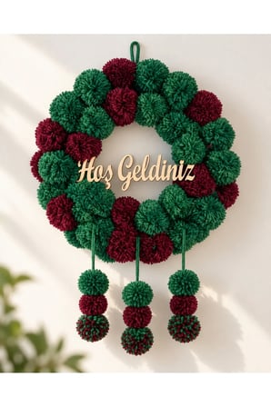 NGAHOME El Yapımı Pamuk Ponpon Kapı Süsü | Hoş Geldiniz Yazılı | 30 cm - Yeşil