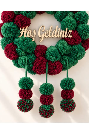 NGAHOME El Yapımı Pamuk Ponpon Kapı Süsü | Hoş Geldiniz Yazılı | 30 cm - Yeşil