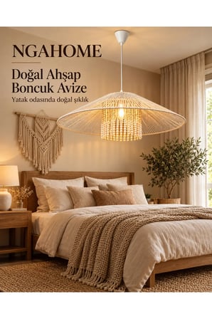 NGAHOME Bohem Jüt ve Pamuk İplikli Ahşap Boncuklu Sarkıt Avize - 40 cm - Krem