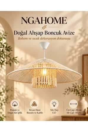 NGAHOME Bohem Jüt ve Pamuk İplikli Ahşap Boncuklu Sarkıt Avize - 40 cm - Krem