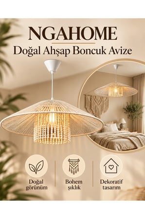 NGAHOME Bohem Jüt ve Pamuk İplikli Ahşap Boncuklu Sarkıt Avize - 40 cm - Krem