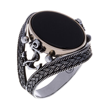 925 Ayar Gümüş Oniks Taşlı Çapa Detaylı Erkek Yüzük