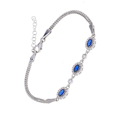 Oval Lacivert Zirkon Taşlı 925 Ayar Gümüş Kadın Bileklik