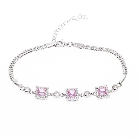 Kare Model 5 mm Pembe Zirkon Taşlı 925 Ayar Gümüş Kadın Bileklik