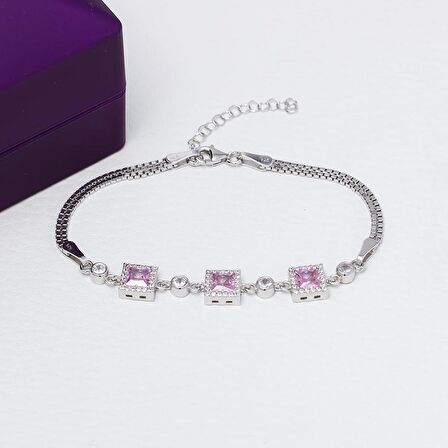 Kare Model 5 mm Pembe Zirkon Taşlı 925 Ayar Gümüş Kadın Bileklik