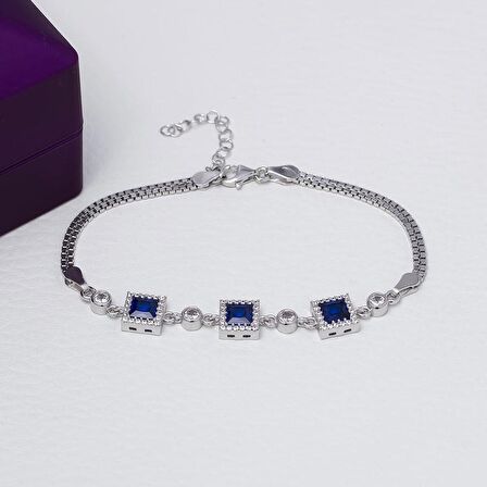 Kare Model 5 mm Lacivert Zirkon Taşlı 925 Ayar Gümüş Kadın Bileklik