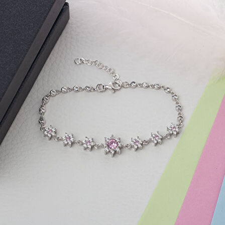 Pembe Zirkon Taşlı Çiçek Model 925 Ayar Gümüş Kadın Bileklik