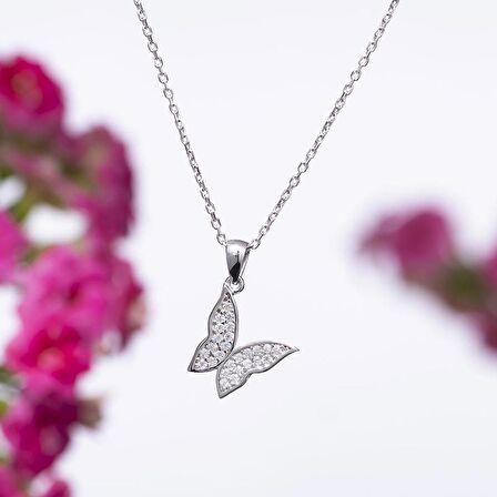 Kelebek Model Zirkon Taşlı 925 Ayar Gümüş Kadın Kolye