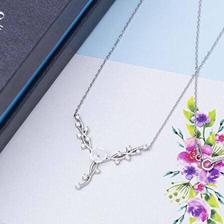 Sedef Çiçekli Sarmaşık Model Zirkon Taşlı 925 Ayar Gümüş Kadın Kolye