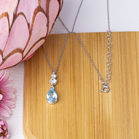 Mavi Damla Model Zirkon Taşlı 925 Ayar Gümüş Kadın Kolye