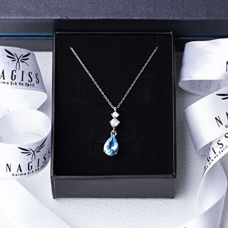 Mavi Damla Model Zirkon Taşlı 925 Ayar Gümüş Kadın Kolye