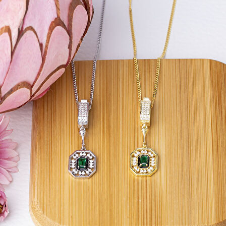 3-5 mm Baget Yeşil Zirkon Taşlı 925 Ayar Gümüş Gold Rengi Kadın Kolye