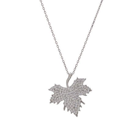 Çınar Yaprağı Model Zirkon Taşlı 925 Ayar Gümüş Kadın Kolye