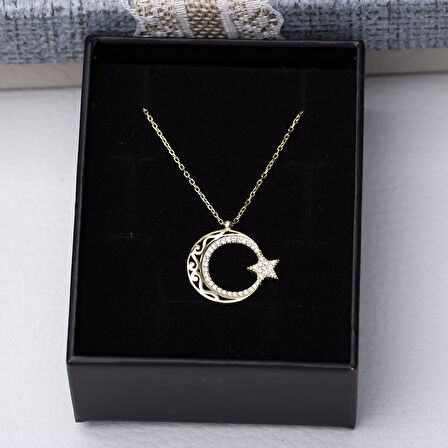 Ayyıldız Zirkon Taşlı Otantik Desenli Gold Rengi 925 Ayar Gümüş Kadın Kolye 