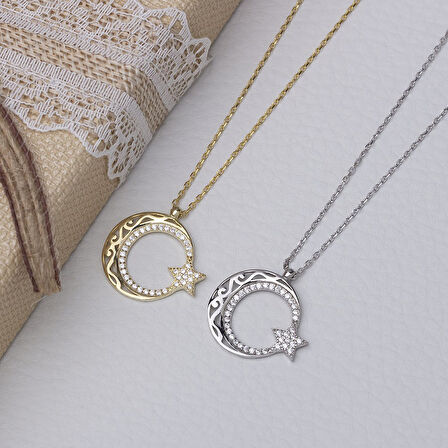Ayyıldız Zirkon Taşlı Otantik Desenli Gold Rengi 925 Ayar Gümüş Kadın Kolye 