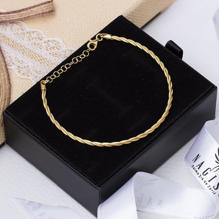 İkili Burgu Model Lazer Kalem İşlemeli Gold Rengi 925 Ayar Gümüş Kadın Bileklik