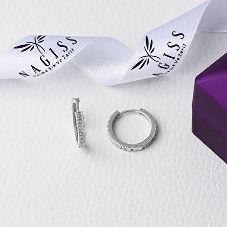 3 mm Baget Taşlı 925 Ayar Gümüş 20 mm Kadın Halka Küpe