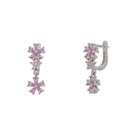 Çiçek Model Pembe Zirkon Taşlı 925 Ayar Gümüş Kadın Küpe