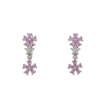 Çiçek Model Pembe Zirkon Taşlı 925 Ayar Gümüş Kadın Küpe