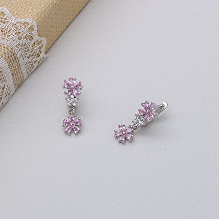 Çiçek Model Pembe Zirkon Taşlı 925 Ayar Gümüş Kadın Küpe