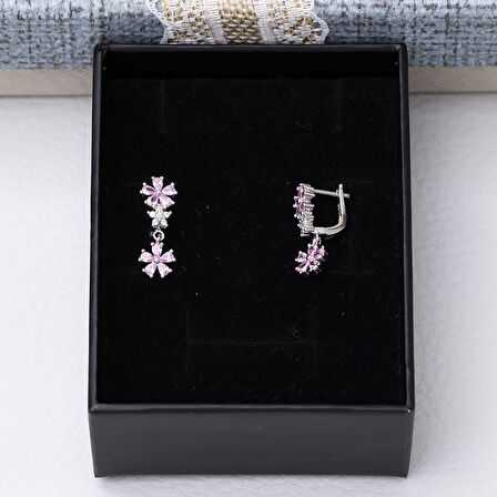 Çiçek Model Pembe Zirkon Taşlı 925 Ayar Gümüş Kadın Küpe