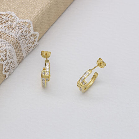 Gold Rengi Zirkon Taşlı 925 Ayar Gümüş Kadın Halka Küpe