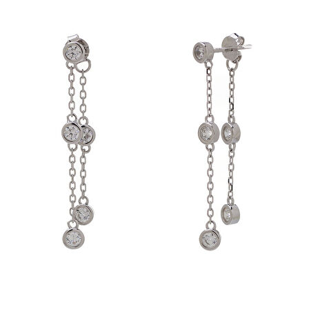 2'li Sallantılı 925 Ayar Gümüş Zirkon Taşlı Kadın Çivili Küpe