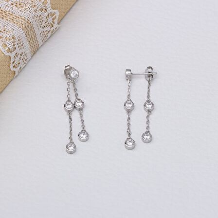 2'li Sallantılı 925 Ayar Gümüş Zirkon Taşlı Kadın Çivili Küpe