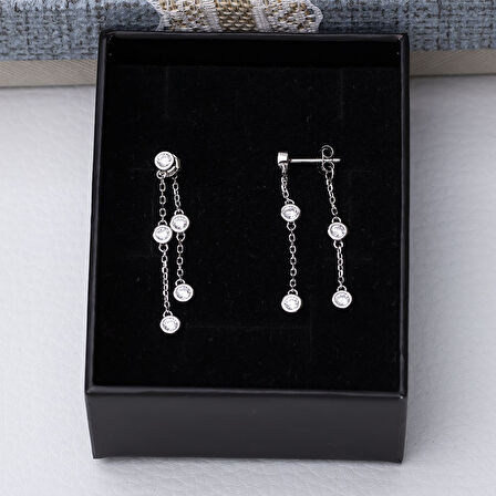 2'li Sallantılı 925 Ayar Gümüş Zirkon Taşlı Kadın Çivili Küpe