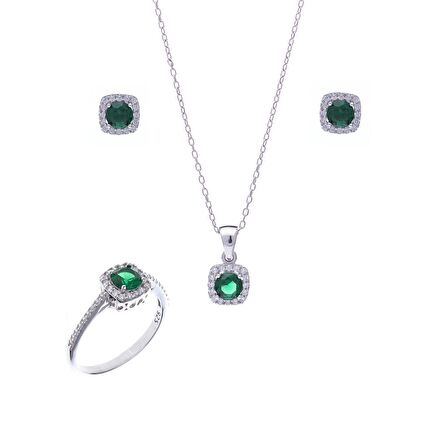 Yeşil Zirkon Taşlı 925 Ayar Gümüş Kadın Üçlü Tektaş Set