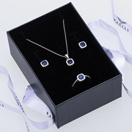 Lacivert Zirkon Taşlı 925 Ayar Gümüş Kadın Üçlü Tektaş Set