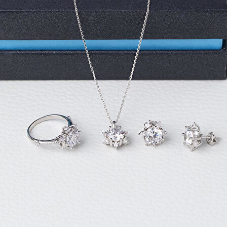7 mm Zirkon Taşlı Lotus-Çiçek Model 925 Ayar Gümüş Üçlü Kadın Takı Seti