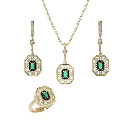 Yeşil Zirkon Taşlı Gold Rengi 925 Ayar Gümüş Kadın 3'lü Set